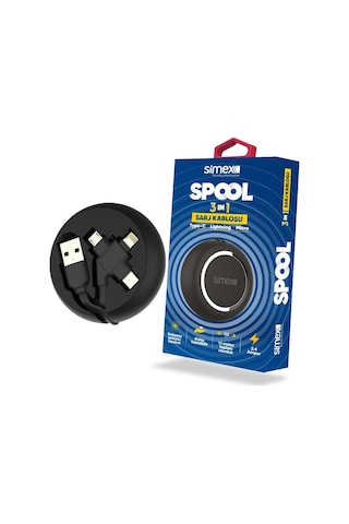 Simex Universal Micro / Type C / Lightning Data Kablosu SPK-07 Spool 3in1 Makarali Siyah