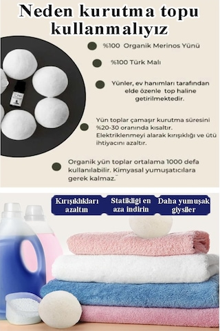 Yün Kurutma Topu 3 Adet Kurutma Makinası Topu 3 Lü %100 Merinos Yün Keçe Organik Çamaşır Kurutma Kırışıklık Önleyici Beyaz