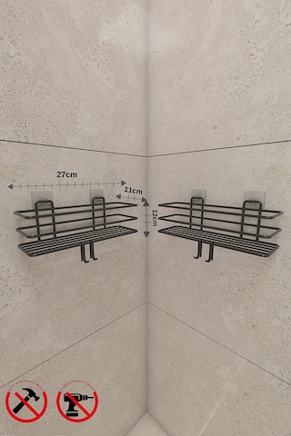 Alper Banyo Yapışkanlı Kancalı 2 Adet Banyo Rafı Banyo Duş Askısı Mat Siyah