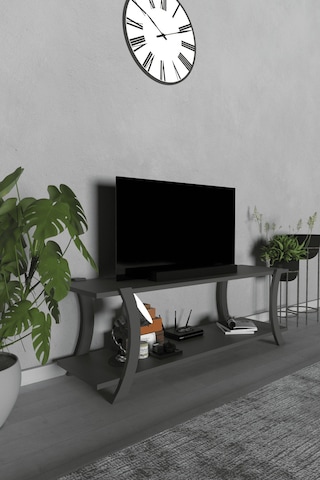 Lavellan Liva Modern Tv Sehpası Çift Katlı Fonksiyonel Televizyon Ünitesi Antrasit Gri