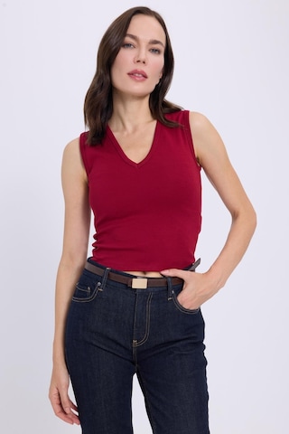 Tudors Kadın Slim Fit Dar Kesim V Yaka Sıfır Kol Pamuklu Ribanalı Bordo Bluz-38839 Bordo