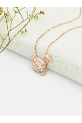 Brezza Lusso Jewelry Gezegen Rose Kolye Zirkon Taşlı Kadın Gümüş Kolye 45 CM