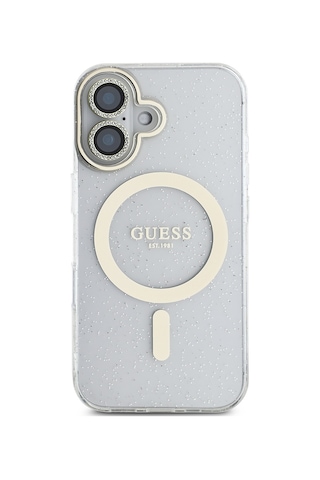 Apple Uyumlu iPhone 16 Guess Lisanslı 3'lü Aksesuar Seti Iml Simli Glitter Kılıf Ekran Ve Lens Koruyucu Şeffaf