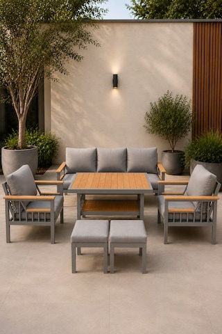 Rovena Sleep Balkon Takımı, Gri Bahçe Takımı 5+1 Masa 70x110 3lü Koltuk 70x180 Tekli Koltuk 70x70