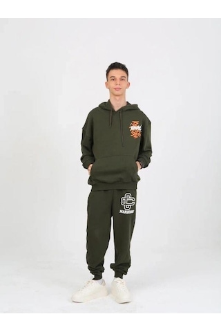 Erkek Çocuk 2 İplik Yazı Detaylı Kapüşonlu Sweatshirt-15232 Haki