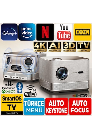 Vankyo Aurzen Boom 3 WiFi + Bluetooth 300 Inç 4K Smart TV Projeksiyon Cihazı Altın