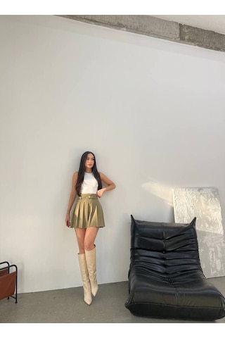 Kadın Dokuma Kumaş Pileli Kemerli Etek Astarlı, Mini Boy, Modern Ve Şık Tasarım Haki