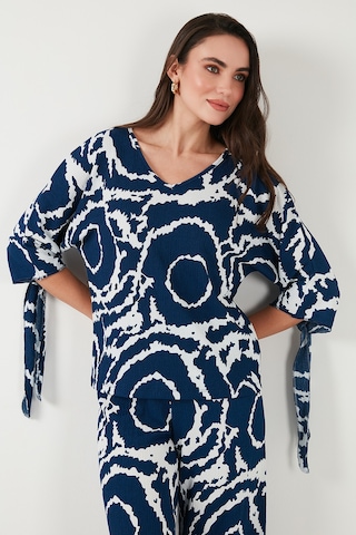Lela Desenli Regular Fit Truvakar Kol V Yaka Alt-Üst Bayan Takım 5865357 Lacivert