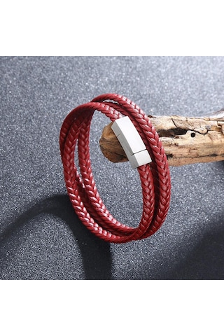 Basit Erkek Bilekliği Çok Katmanlı Deri Bileklikler Charm Metal Tokalı Erkek Takıları Hediyeler Kırmızı