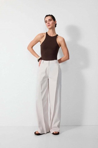 Vatkalı Pileli Wide Leg Pantolon-16649 Taş