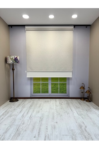 Çift Mekanizmalı Açık Gri Çizgili Desenli Tül Ve Beyaz Mat Stor Perde Gri