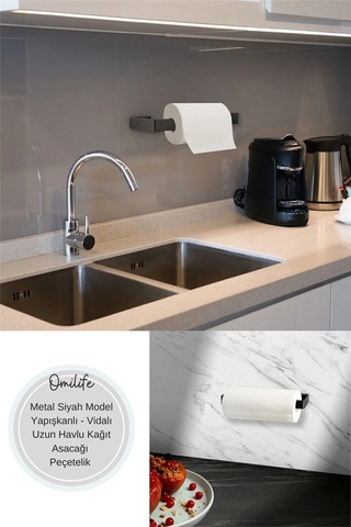 Metal Siyah Model Yapışkanlı Vidalı Uzun Havlu Kağıt Asacağı Peçetelik Diğer