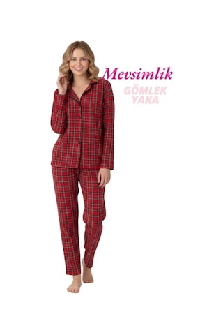Guava Kadın Desenli Slim Fit Gömlek Yaka Önden Düğmeli Dar Kalıp Mevsimlik Uzun Kollu Pijama Takımı Ekose