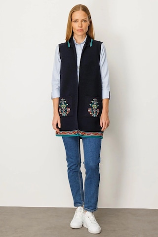 Desen Triko Polo Yaka Etek Ucu Kilim Desenli Uzun Kadın Yün Yelek 25055 Lacivert