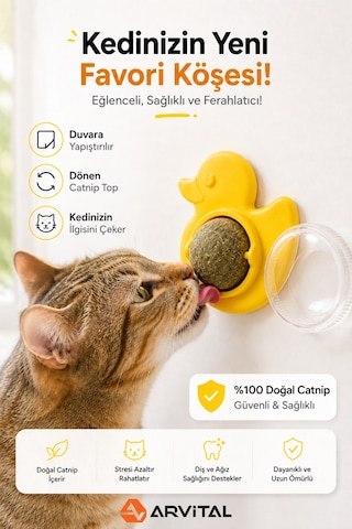 Ördek Tasarımlı Duvara Yapışan Kedi Nanesi Topu Döner Catnip Yalama Oyuncağı
