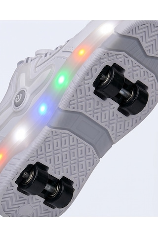 2256-n-drops Led Işıklı Çift Tekerlekli Akıllı Bağcıklı Unisex Çocuk Patenli Ayakkabı Beyaz