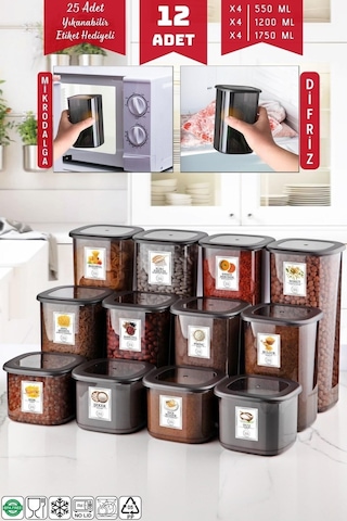 Nandy Home Etiketli Ekonomik Kırılmaz Saklama Kabı Seti Antrasit 12'li 1.75 - 1.2 - 0.55 L Antrasit