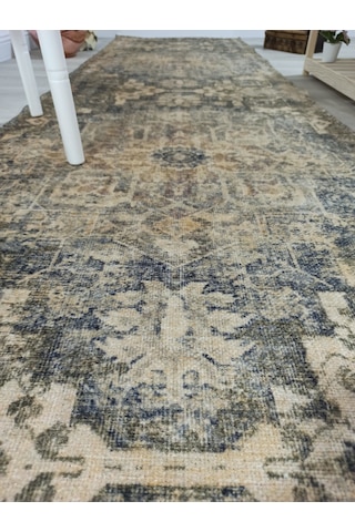 Eskitme Madalyon Desenli Hardal Ve Lacivert Vintage Salon Halısı - 4113ou