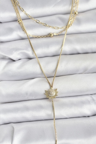 Zarif Boyunlar İçin Golden Pirinç Zirkonlu Güneş Üçlü Kombin Y Kadın Kolye Standart