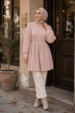 Maşuka Kadın Örgü Desenli Şık Triko Tunik - Elbise Pudra Pembe Pudra Pembe