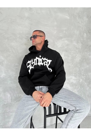 Veraura Lifestyle Unisex Üç İplik Kapşonlu Baskılı Sweatshirt - Siyah
