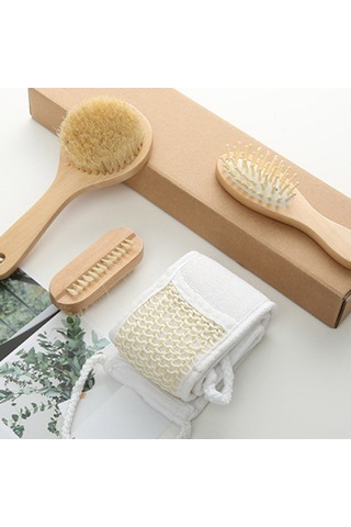 Vkemall Banyo Fırçalama Seti 4 Parça - Saksafras Göğüs Fırçası + Tarak + 2 Adet Temizleme Fırçası