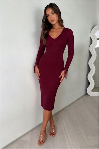 DefyModa Kadın Şık Detay V Yaka Midi Uzun Kollu Abiye Elbise Bordo