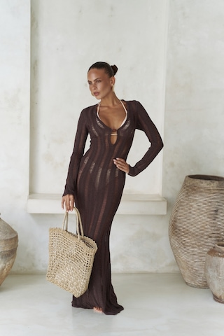 Mai Collection Mai Studios Co. Anandra Boncuk Detay Kahve Triko Uzun Elbise Kahve