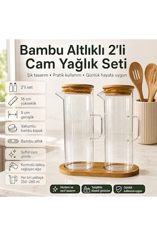 Bambu Altlıklı 2'li Cam Yağlık Seti Çok Renkli