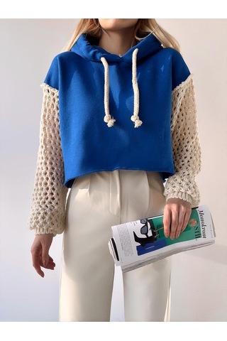 Mamayaga Kadın Kolları Triko Tasarım 3 İplik Uzun Kol Pamuk Crop Boy Şık Sweatshirt Mavi
