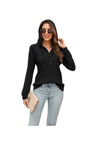 Novahub İlkbahar/sonbahar Kadın Kapşonlu Sweatshirt - Waffle Kravat - Uzun Kollu - Mavi Boy: S, M, L, Xl, Xxl Mavi