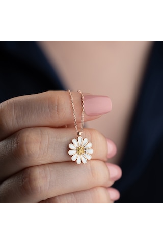 Vaoov 925 Ayar Gümüş Beyaz Papatya Kolye Rose
