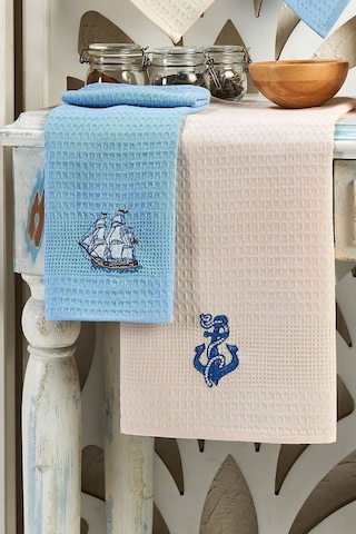 Eponj Home 6lı Kurulama Peçetesi Nakışlı 40x60 Marin Krem-mavi