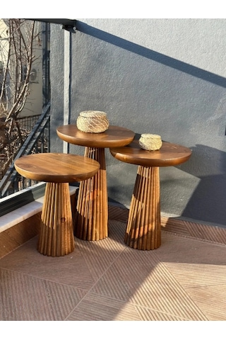 Wood Wooden 3 Lü Set Fitilli Derin Çizgili Mantar Yan Sehpa Moder