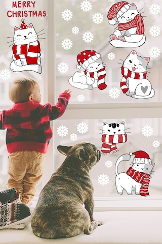 Sevimli Noel Kedileri Ve Kar Taneleri Yılbaşı Pencere Duvar Sticker Seti