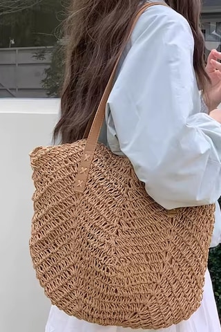 Matthew Cox Tek Omuz Deri Askılı Astarlı Fermuarlı Cepli Hasır Sahil Plaj Çantası Taba