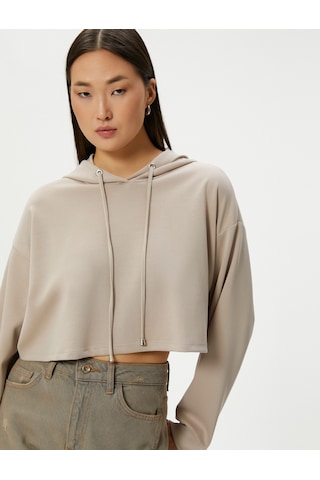 Koton Kapşonlu Crop Sweatshirt Uzun Kollu Bej 4sak10006ek Ekru