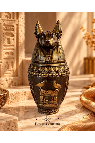 Anubis Antik Mısır Temalı Dekoratif Vazo El Yapımı Bronz Altın Görünümlü Biblo