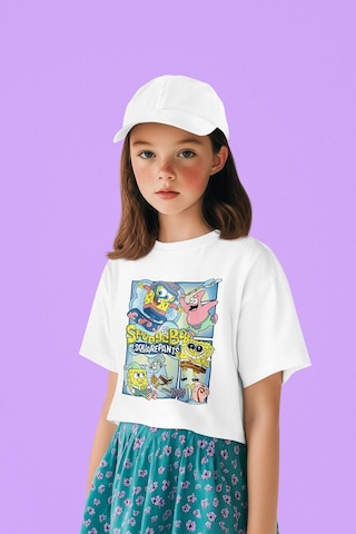 Sevbano Süngerbob Ve Patrick Baskılı Unisex Çizgi Film Çocuk Tişört 1-12 Beyaz