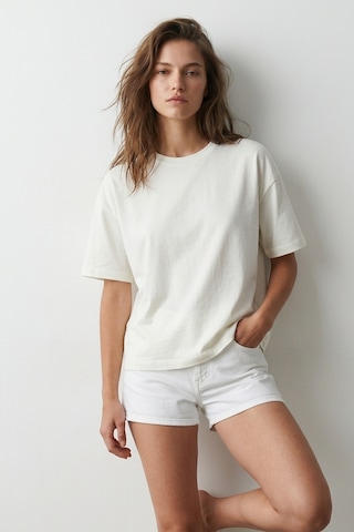 Elemge Pamuk Süprem Kadın Boxy Fit Ekru T-shirt Bol Kesim Düşük Omuzlu Bisiklet Yaka Krem Oversize Tişört