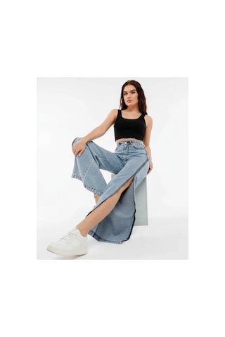 Kene Jeans Yüksek Bel Yan Fermuar Detaylı Buz Kar Bol Paça Jean Buz Kar