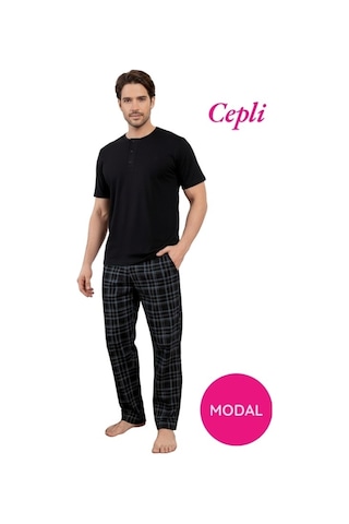 Guava Erkek Modal 3 Düğmeli Ekose Desen Pamuk Likra Kısa Kol Cepli Pijama Takımı Siyah