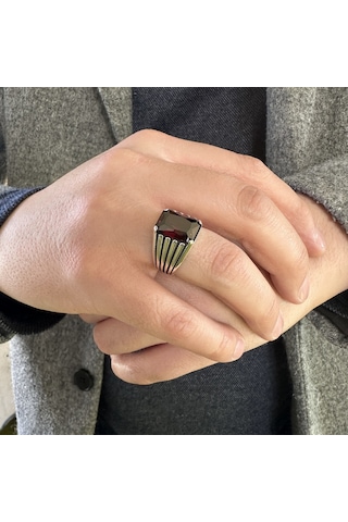 Gümüş Oktagon Kırmızı Zirkon Taşlı Erkek Yüzük Gümüş