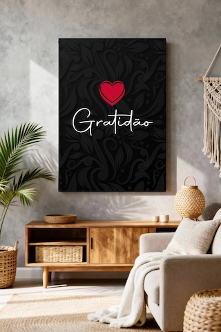 Gratidão Kalp Siyah Desenli Motivasyon Kanvas Tablo