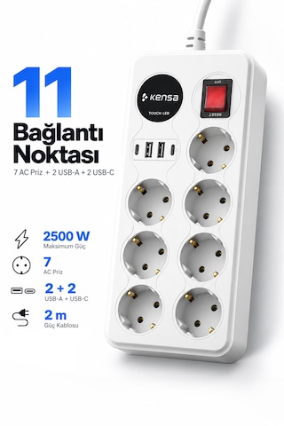 Akım Korumalı Priz 7'li + 2x Usb-a + 2x Usb-c 2 Metre Kablo 0 - 2 M