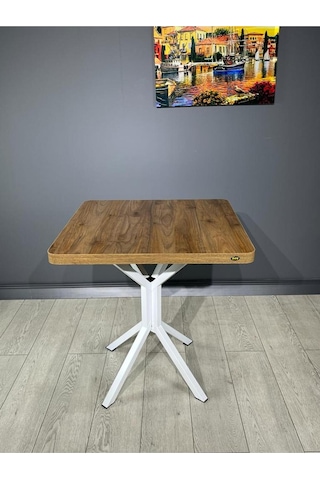 Tepe Ceviz Beyaz Mutfak Yemek Masası Balkon Masası Kavisli Köşe Beyaz Ayak 70 Cm