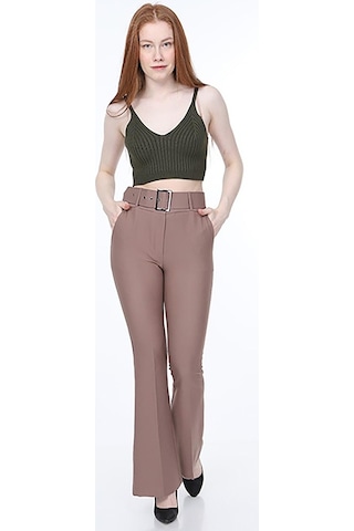Bluence Beli Kemerli Ispanyol Paça Vizon Kumaş Pantolon Vizon