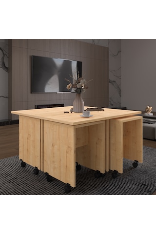 Asra Trend Akıllı Orta Sehpa OS003 %100 MDF 5 Parça Yavrulu Puf Sehpa Seti Safir Meşe