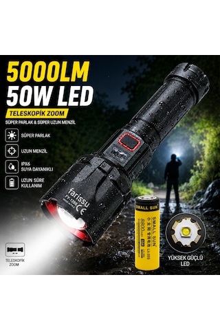 Fy-t288 50w 5000 Lümen Ultra Parlak Şarjlı El Feneri 1.5 Km Menzilli, Powerbank Özellikli