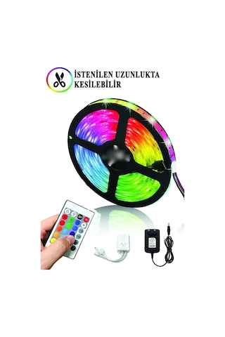 Şerit Led Işık RGB 5 metre Hazır Set Tak Çalıştır Kumandalı Adaptörlü Silikonlu